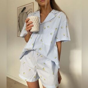 H&M Blue White Striped Shirt and Shorts Lemon Print Pattern Set